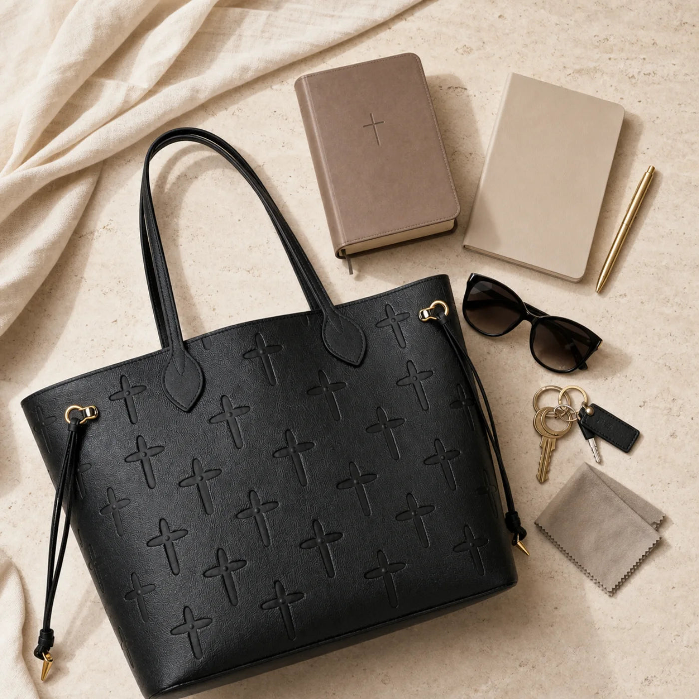 Beige Selah Tote with everyday essentials